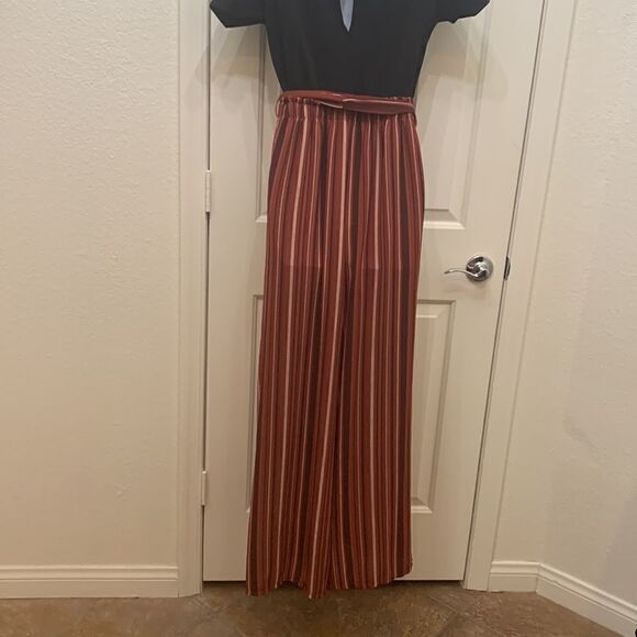 LA Gypsy Large Black Scoop Neck Top Stripped Elongating Leg Keyhole Closure - Picture 8 of 15